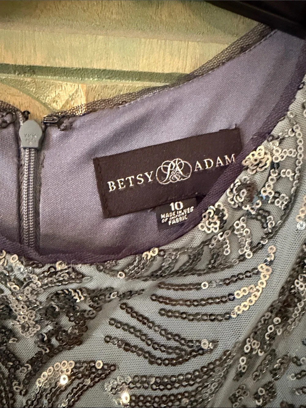 Betsy Adam Slate Gray Sequin Long Sleeve Cocktail Dress